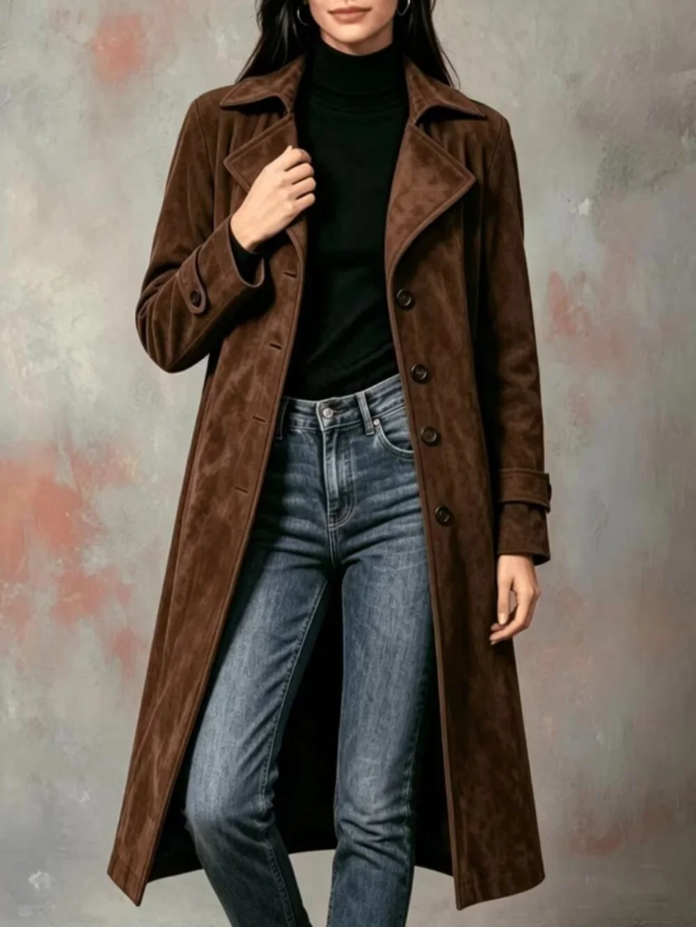 Elegant Women'S Vintage Coat - Classic Lapel Design, Front Button Closure